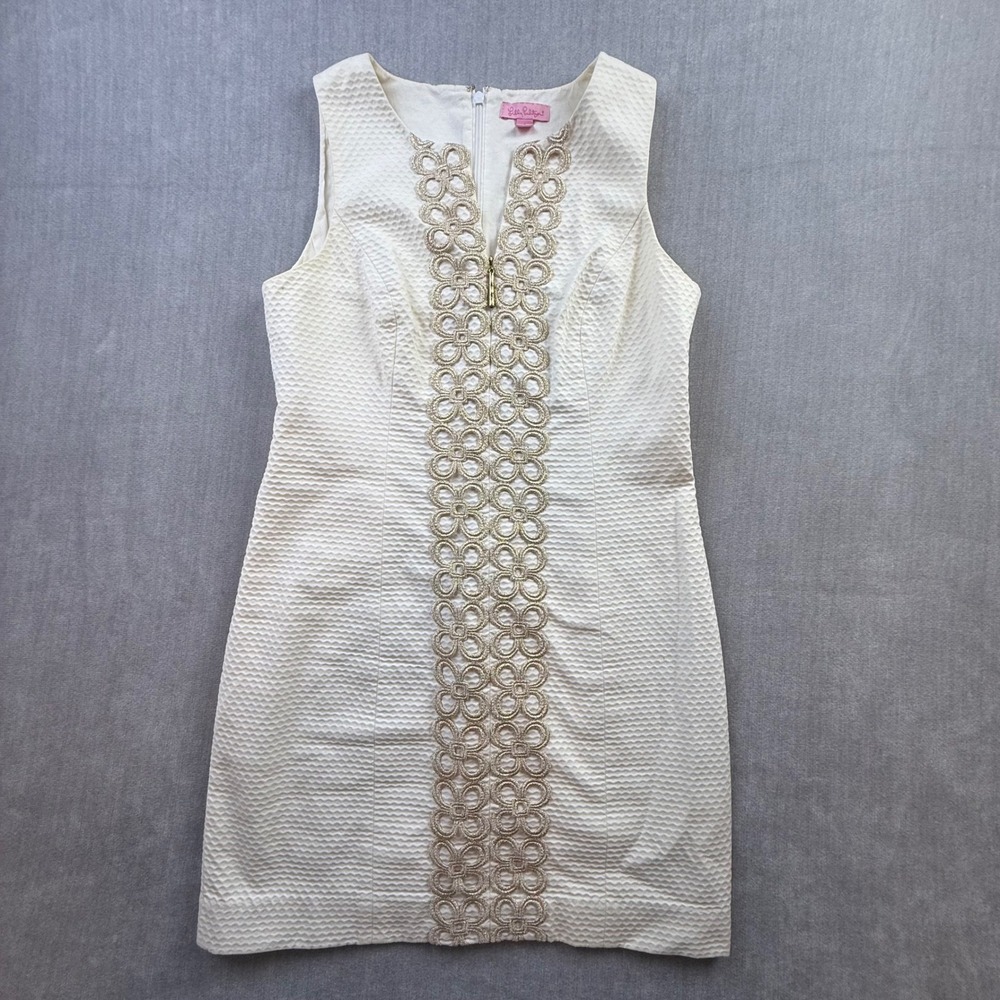 Lilly Pulitzer White Cotton Pique Shift Dress Gold Soutache Embroidery Size 4